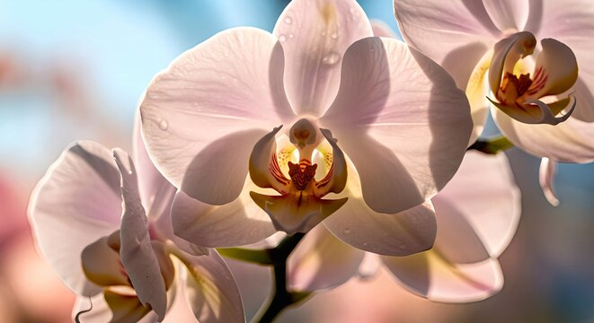  Colorful illustration of pink orchids, close-up, with dew drops on transparent petals against a serene blue sky
