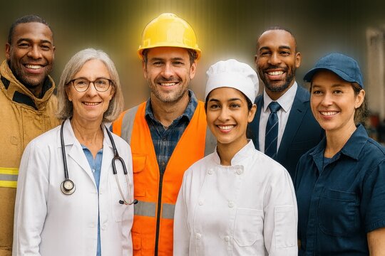 A group of people from different professions are together, on a transparent background