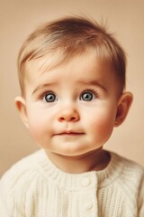 Naklejka premium A captivating portrait of a baby with striking blue eyes, looking directly at the camera.