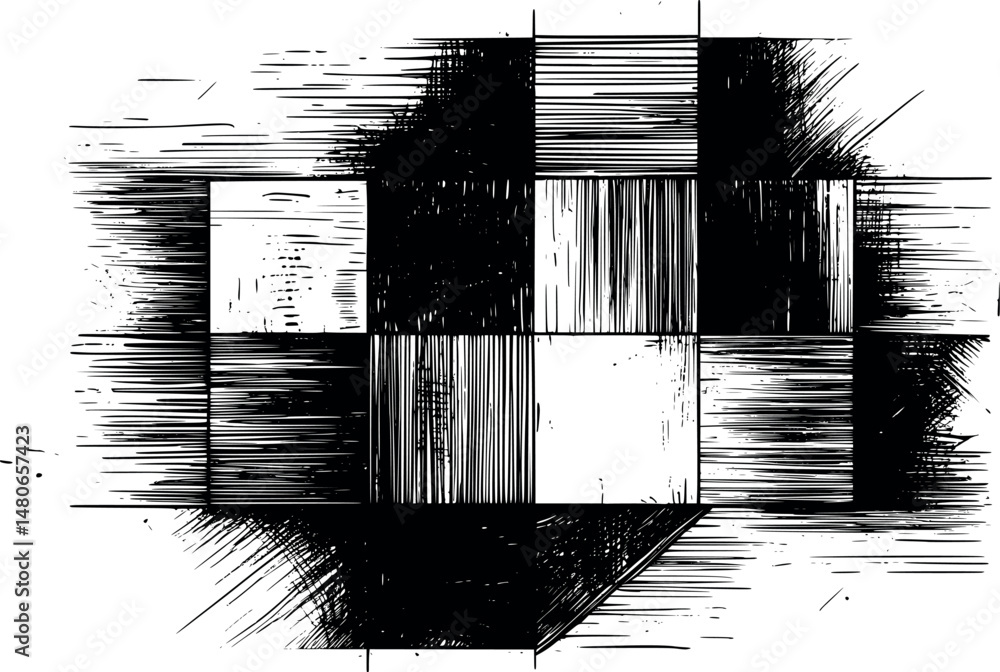 Poster cubist abstract vector background with vintage engraving hatch lines