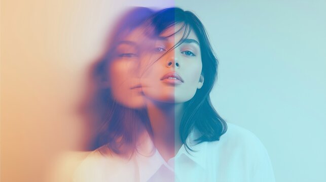 Conceptual portrait of a young woman with blurred dual exposure and color aura, symbolizing mental health, emotional balance, inner world, and psychological introspection.