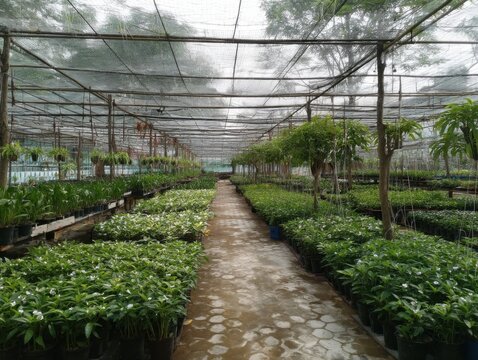 Lush greenery thrives in a greenhouse nursery showcasing rows of potted plants under a protective net roof in a tropical location