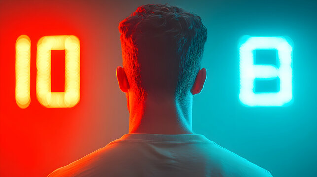 Man Facing Away from Bright Red and Blue Neon Numbers