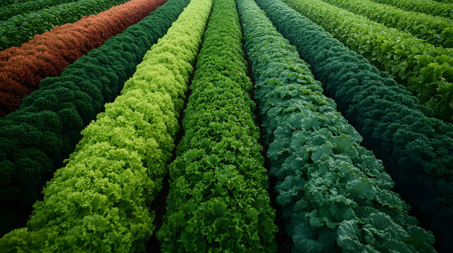 Vibrant rows of diverse leafy greens in a cultivated field, showcasing a spectrum of colors and textures