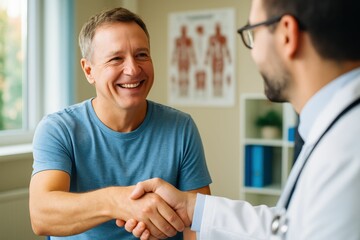 Obraz premium The doctor and happy patient are captured shaking hands in a selective focus image