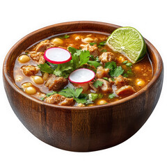 Pozole in wooden bowl isolated on transparent background for culinary illustrations, menu design, and food blogs.