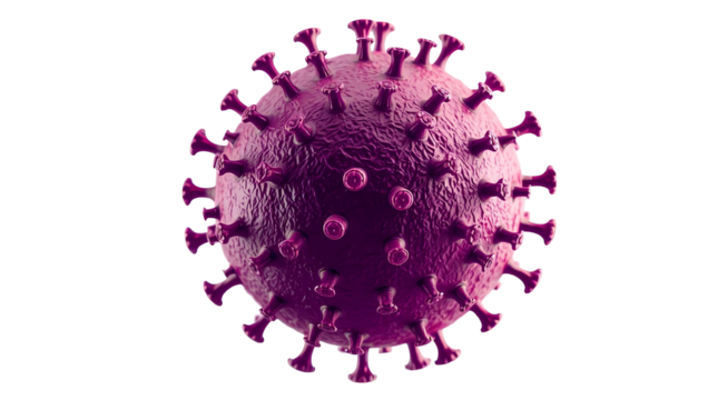 3D model of a spherical virus. Deep, vibrant purple color isolated on transparent background
