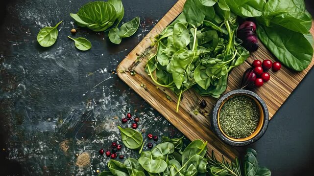 fresh spinach leaves with herbs on a wooden cutting board and dark textured background, studio shot.