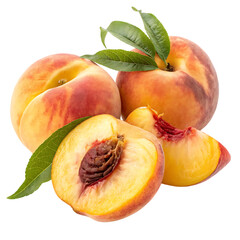 ripe peaches with leaves isolated on transparent background