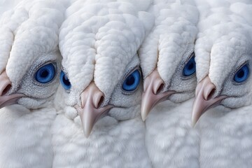 White peacock feathers are arranged to create an exotic background, complete with a closeup view of the feathers