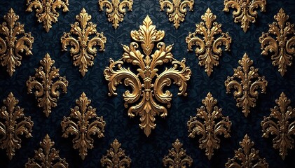 Intricate floral damask pattern in elegant gold on dark background, arabesque, textile, style