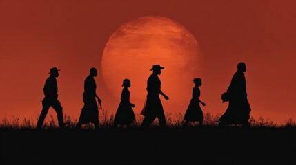 Fototapeta premium Silhouette of a Journey: A captivating silhouette depicts a group of figures, walking against the backdrop of a fiery sunset, their forms hinting at a silent narrative of journey and resilience.