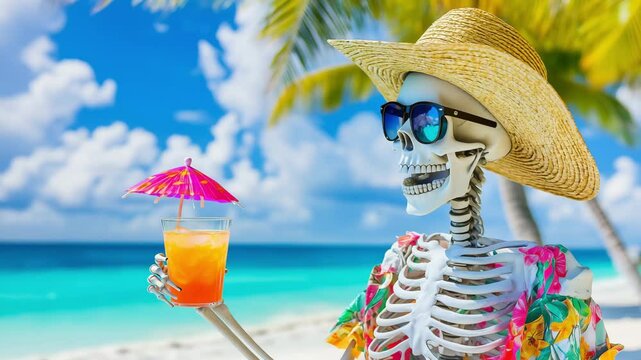 A skeleton tourist relaxes under the palm trees by the beach, sipping a drink with an umbrella while wearing sunglasses and a straw hat on a summer day