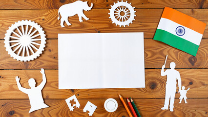 Indian Independence Day celebration with blank paper, colors, and symbols