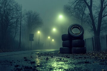 Foggy night road with tires (1)