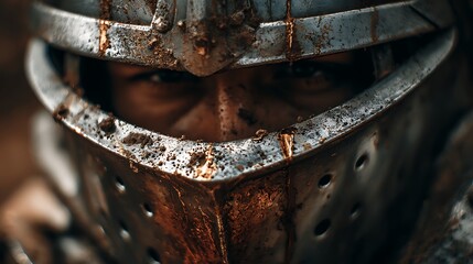 Close-up on warrior's face in weathered armor