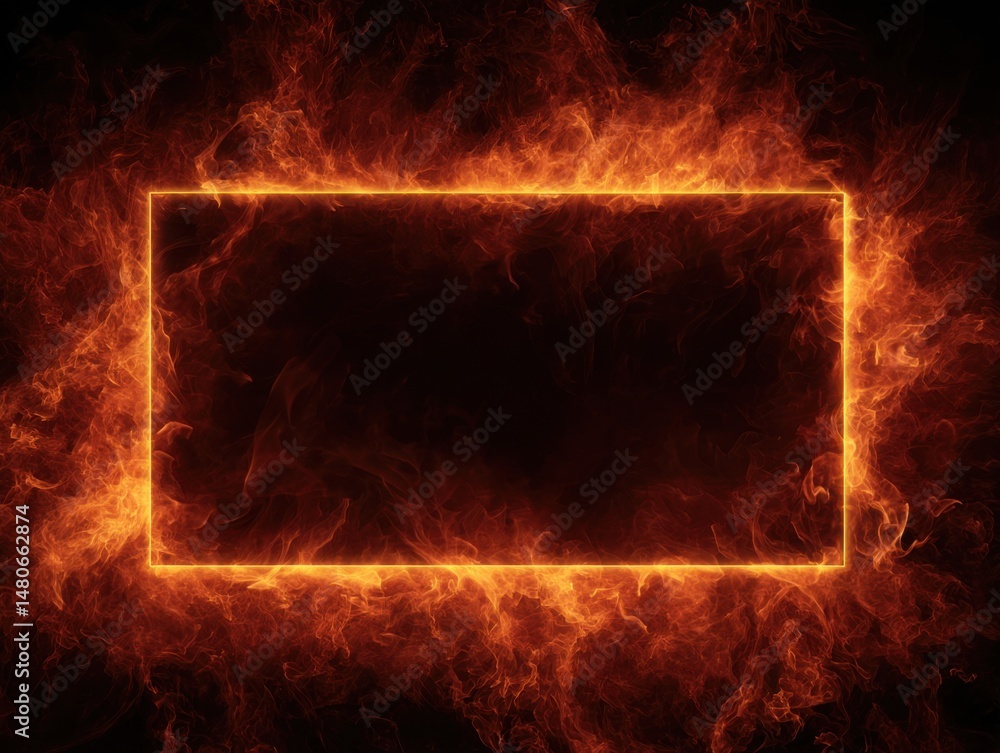 Aufkleber fiery frame abstract design with burning orange flames surrounding a rectangular border on black bac