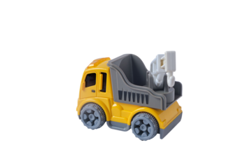Industrial yellow mobile crane truck toy, plaything for kid learning about construction site work and logistic work