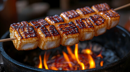 Grilled sweet treats on a skewer over an open fire, golden-brown and slightly charred