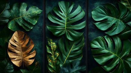 Fototapeta premium Lush tropical leaves in varying shades of green and bronze arranged on a dark background