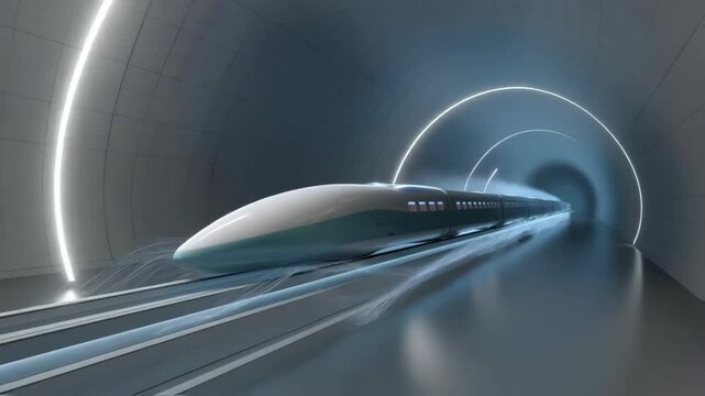 A dynamic sideview of the hyperloop pod emerging from the tunnel of a vacuum tube with dust and air currents swirling illustrating the powerful force propelling it forward.