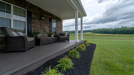 Serene porch with stone house, wicker furniture, and scenic view
