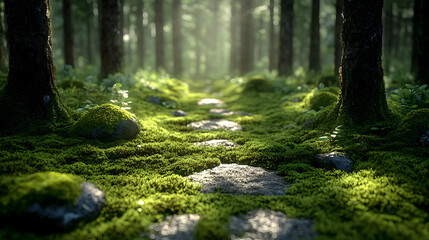 Obraz premium Sunlit forest path with mossy stones