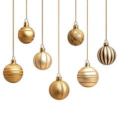 Seven golden christmas ornaments hanging with string decoration on isolate background