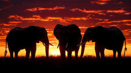 Fototapeta premium Three elephants silhouetted against a fiery sunset