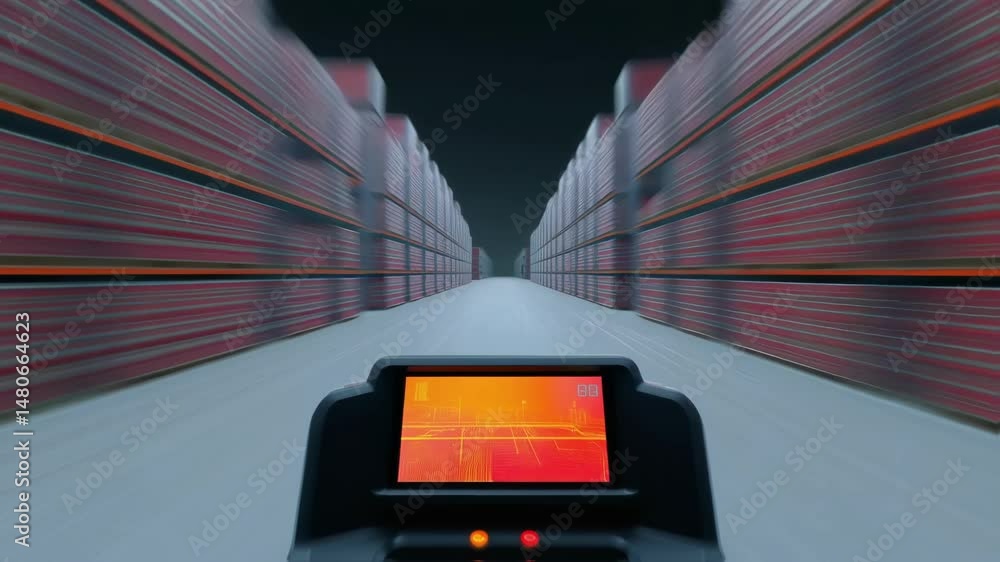 Poster autonomous guided vehicle navigating warehouse corridors using thermographic camera, detecting heat 