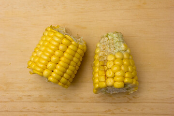 Sweet Yellow Corn On A Wooden cutting board.