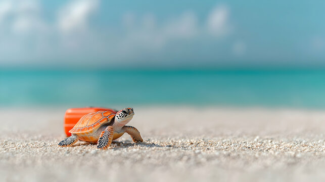 Baby Sea Turtle Crawling on Sandy Beach Near Plastic Bottle - Powered by Adobe