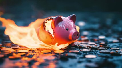 A piggy bank is engulfed in flames while coins are spread across a surface, illustrating financial loss and destruction - Powered by Adobe