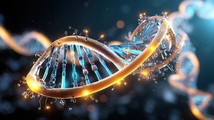 Detailed 3D rende of a glowing DNA strand with intricate molecular structures and vibrant colors set against a blurred dark background, showing scientific data.