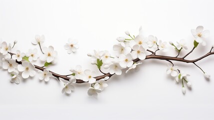 A delicate branch adorned with white cherry blossoms, isolated against a clean white background.  