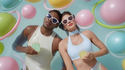 Trendy young couple in pastel swimwear relaxing with colorful drinks, floating in a surreal pool of inflatable shapes, radiating vibrant summer energy and Gen Z leisure aesthetic.