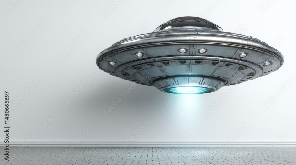 Poster ufo hovering in a bright empty room with white walls and tiled floor low angle science fiction myste
