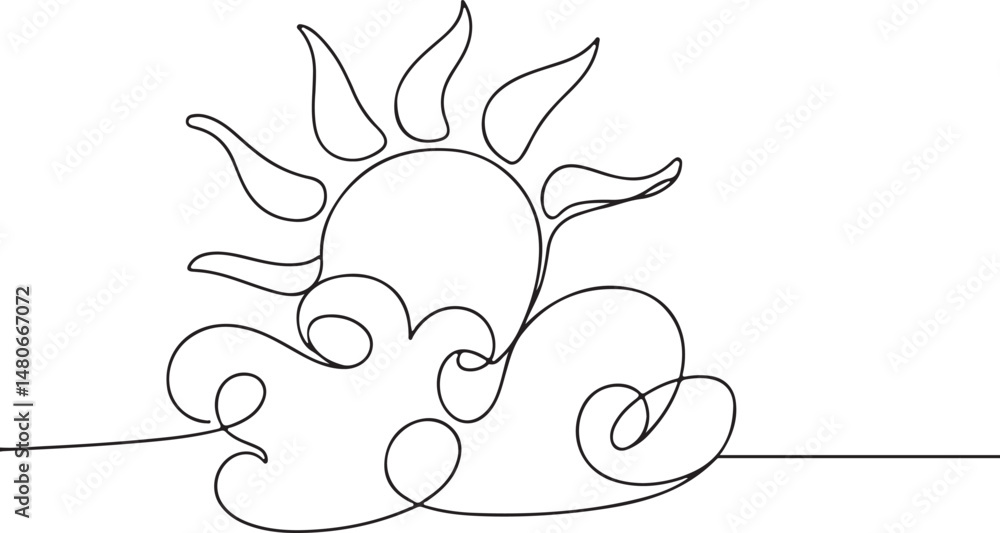Poster continuous line art drawing of sun and clouds, minimalist black linear sketch representing cloudy we