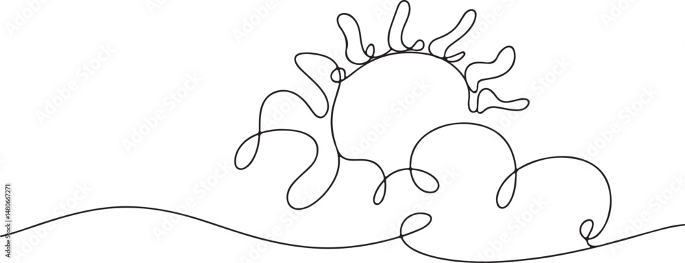 Poster continuous line art drawing of sun and clouds, minimalist black linear sketch representing cloudy we
