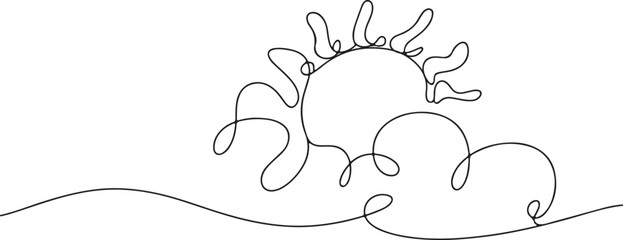Obraz premium Continuous line art drawing of sun and clouds, minimalist black linear sketch representing cloudy weather concept on white background