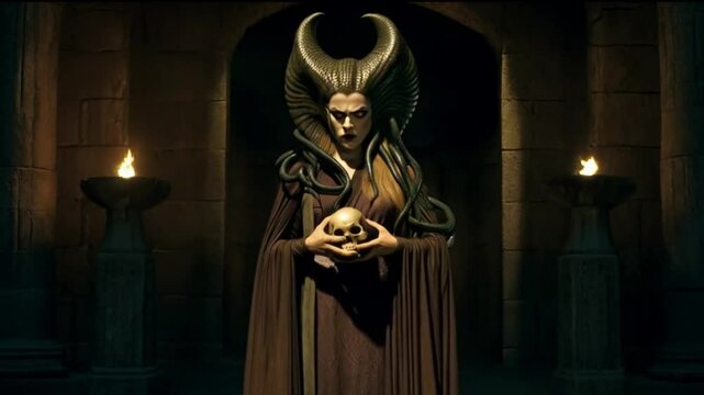 The personage will be Medusa, the woman with hair of serpents from Greek mythology, with her hands clasped at the height of her belly with a skull in her hands.