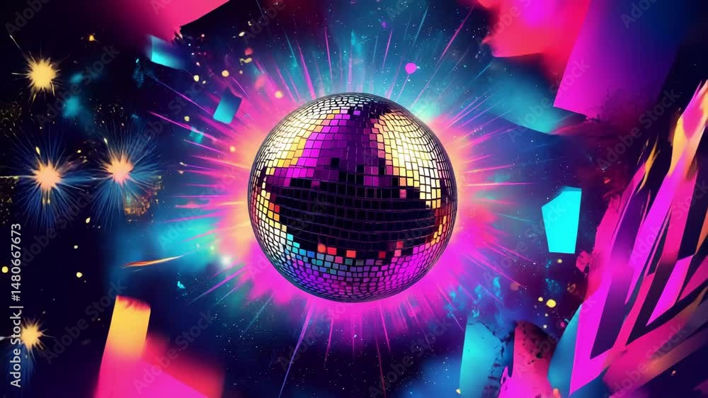 Aufkleber a spinning disco ball surrounded by dynamic bursts of color and light creating abstract background