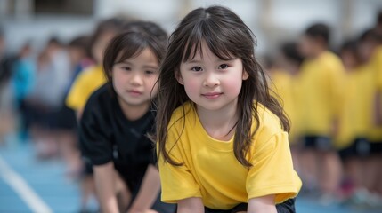 運動会でスタートポーズを取る日本の小学生女の子