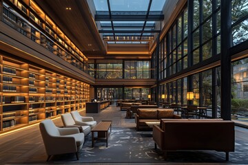 Modern Library Interior with Glass Ceiling and Wooden Bookshelves Featuring Contemporary Furniture and Natural Lighting, Luxury Reading Room