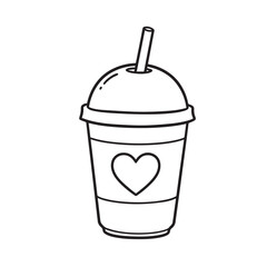 A black and white line drawing shows a disposable cup with a domed lid and a straw.