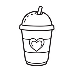 A black and white line drawing shows a disposable cup with a domed lid and a straw, featuring a heart design on its side.
