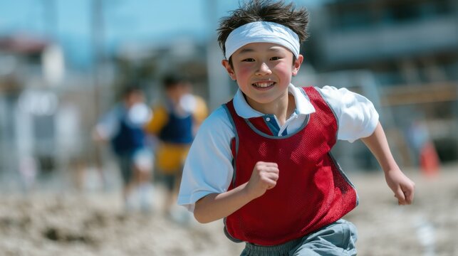 リレーで全力疾走する日本の小学生男の子