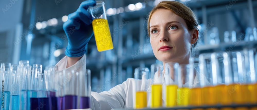 Poster scientist inspects yellow liquid in test tube in laboratory setting low angle view research and deve