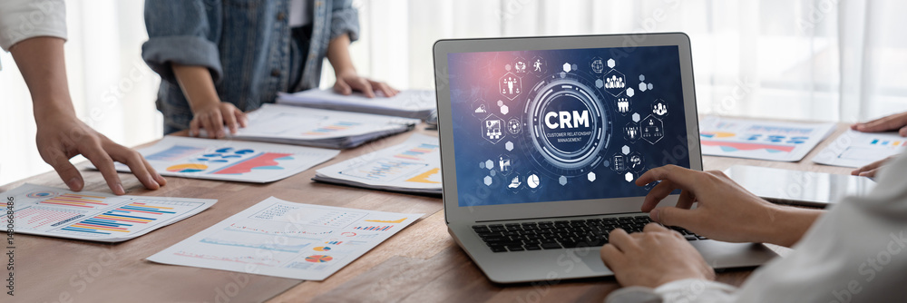 Poster Customer relationship management system on brisk computer for CRM business and enterprise
