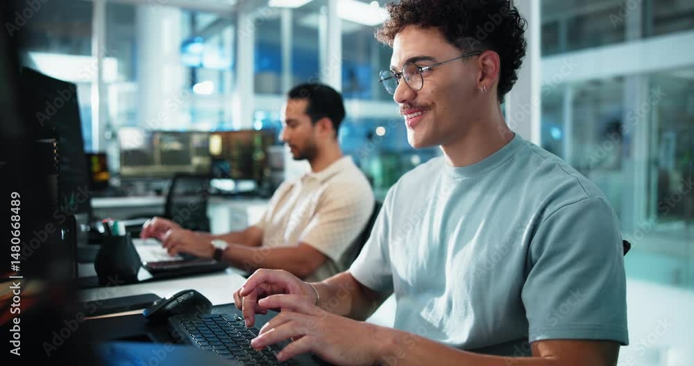 Poster Computer, face and typing with man programming at desk in office for coworking or software development. Business, coding and keyboard with happy developer or programmer at work for web design